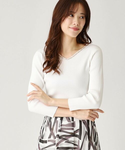 COUP DE CHANCE / クードシャンス ニット・セーター | 【洗える】ビジューリブニットトップス(ホワイト(001))