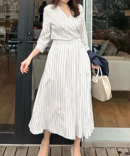 COUP DE CHANCE / クードシャンス ロング・マキシ丈ワンピース | 【洗える】ストライプ柄 カシュクールワンピース | 詳細9