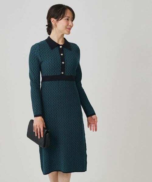 COUP DE CHANCE/クードシャンス 【手洗い可】衿付きニットジャカード編みワンピース ネイビー(594) 34(SS)