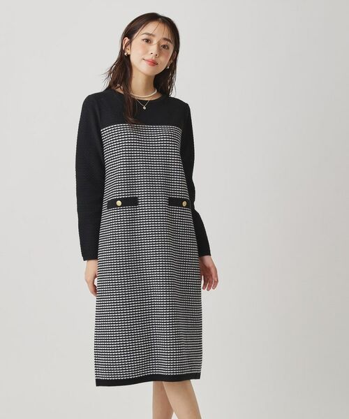 COUP DE CHANCE / クードシャンス ミニ丈・ひざ丈ワンピース | 【手洗い可】配色デザインニットワンピース(ブラック(519))