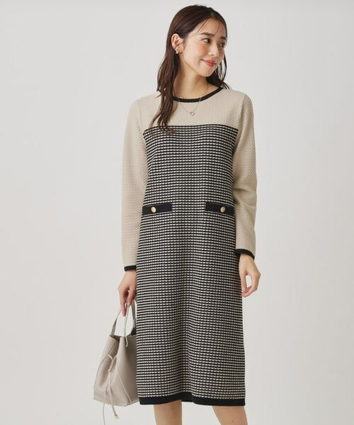 COUP DE CHANCE / クードシャンス ミニ丈・ひざ丈ワンピース | 【手洗い可】配色デザインニットワンピース(ベージュ(552))