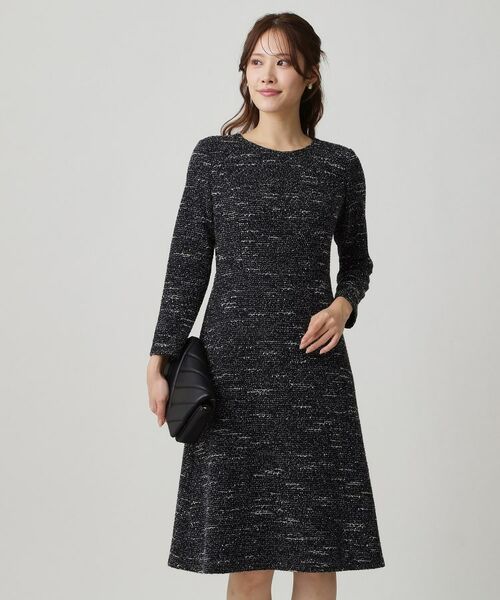 COUP DE CHANCE / クードシャンス ミニ丈・ひざ丈ワンピース | 【手洗い可/日本製/伸縮性】ツイード見えワンピース(ネイビー(494))