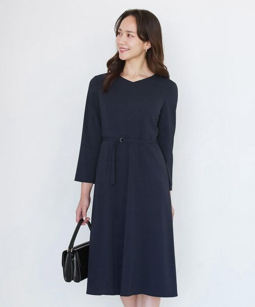 COUP DE CHANCE / クードシャンス ロング・マキシ丈ワンピース | 【手洗い可/日本製/伸縮性/セットアップ可】共地ベルト付フレアーワンピース(ネイビー(094))