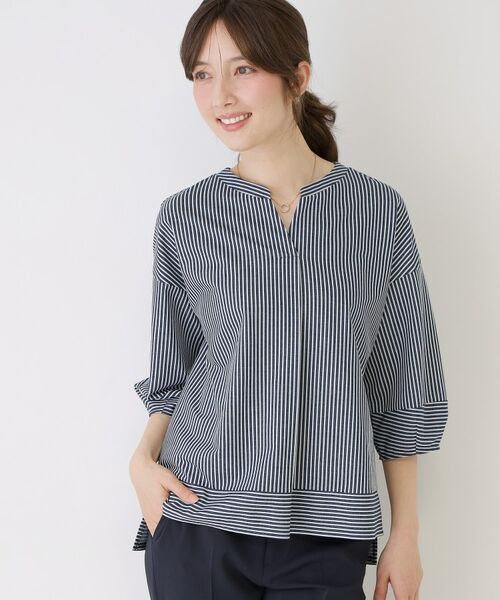 COUP DE CHANCE / クードシャンス カットソー | 【手洗い可／日本製】ストライプ柄ジャージートップス（ネイビー(394)）