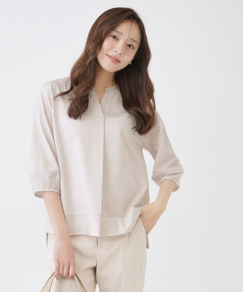 COUP DE CHANCE / クードシャンス カットソー | 【手洗い可／日本製】ストライプ柄ジャージートップス（グレージュ(350)）