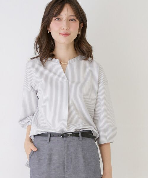 COUP DE CHANCE / クードシャンス カットソー | 【手洗い可／日本製】ストライプ柄ジャージートップス（ライトグレー(311)）