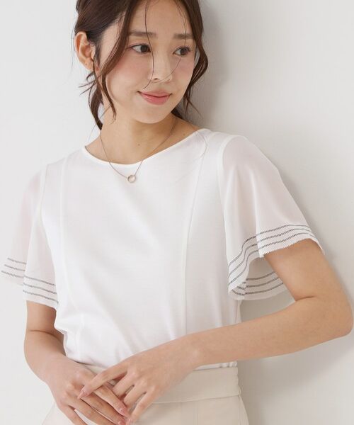 COUP DE CHANCE / クードシャンス カットソー | 【手洗い可】異素材ドッキング・フレアスリーブカットソー（ホワイト(001)）