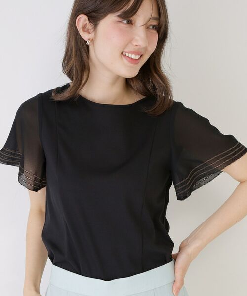 COUP DE CHANCE / クードシャンス カットソー | 【手洗い可】異素材ドッキング・フレアスリーブカットソー（ブラック(019)）