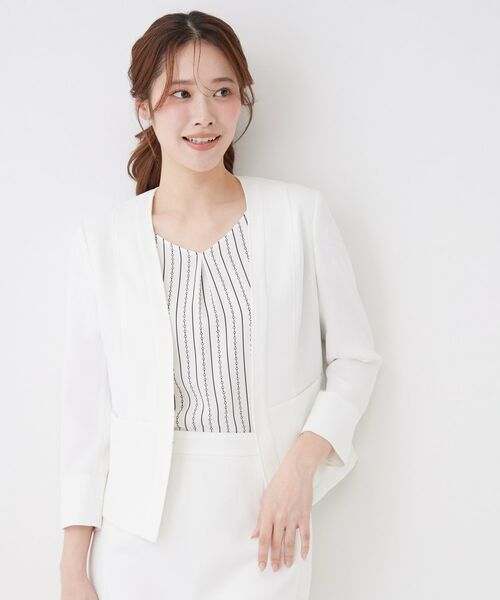 COUP DE CHANCE / クードシャンス ノーカラージャケット | 【手洗い可／日本製／裏地無し／UV／清涼感／セットアップ可】麻調合繊カラーレスジャケット（ホワイト(001)）