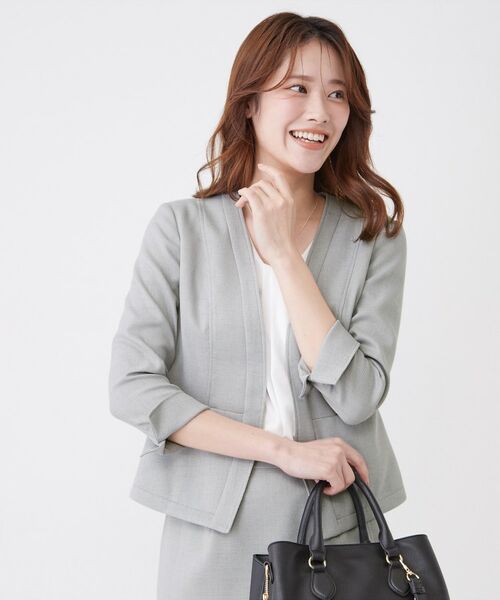 COUP DE CHANCE / クードシャンス ノーカラージャケット | 【手洗い可／日本製／裏地無し／UV／清涼感／セットアップ可】麻調合繊カラーレスジャケット（チャコールグレー(013)）