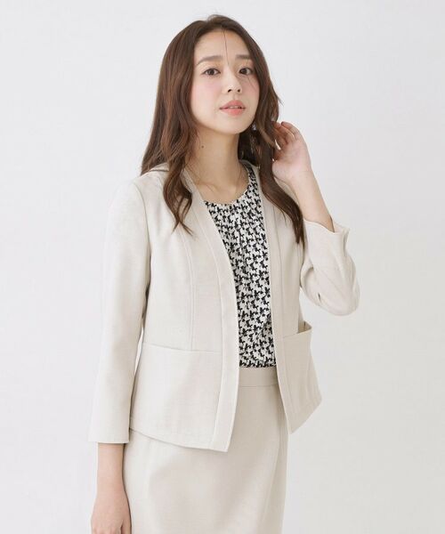 COUP DE CHANCE / クードシャンス ノーカラージャケット | 【手洗い可／日本製／裏地無し／UV／清涼感／セットアップ可】麻調合繊カラーレスジャケット（グレージュ(050)）