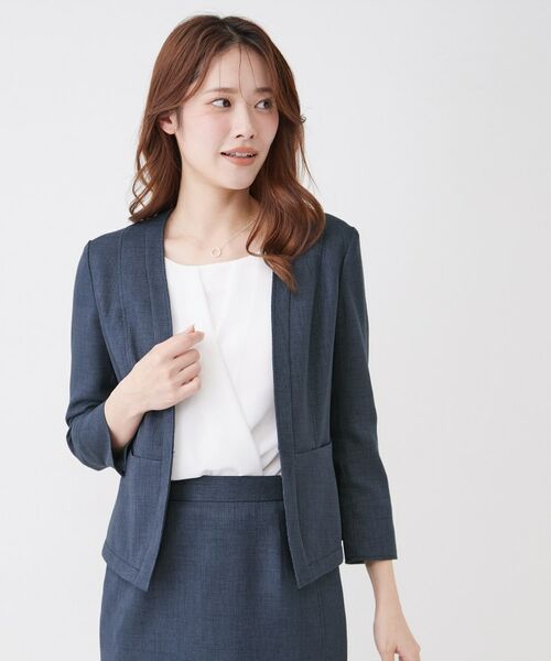 COUP DE CHANCE / クードシャンス ノーカラージャケット | 【手洗い可／日本製／裏地無し／UV／清涼感／セットアップ可】麻調合繊カラーレスジャケット（ブルー(092)）