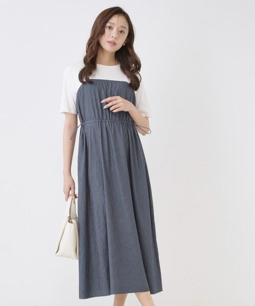 COUP DE CHANCE / クードシャンス ロング・マキシ丈ワンピース | 【手洗い可／裏地なし／ウエストゴム】異素材ドッキングワンピース（ネイビー(594)）