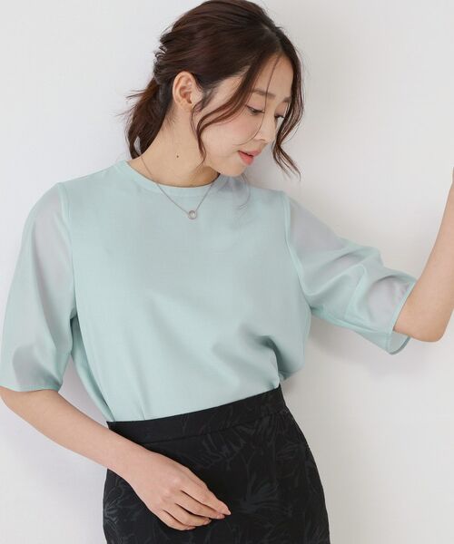 COUP DE CHANCE / クードシャンス シャツ・ブラウス | 【手洗い可／日本製／袖シアー感】異素材ドッキングブラウス（ブルー(091)）