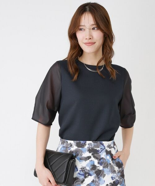 COUP DE CHANCE / クードシャンス シャツ・ブラウス | 【手洗い可／日本製／袖シアー感】異素材ドッキングブラウス（ネイビー(094)）