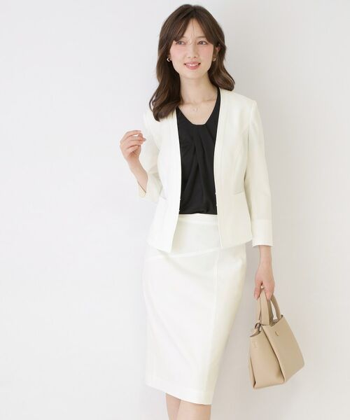 COUP DE CHANCE / クードシャンス ノーカラージャケット | 【手洗い可／日本製／接触冷感／スーツ可／ワンピース羽織】麻調合繊ノーカラージャケット（ホワイト(001)）