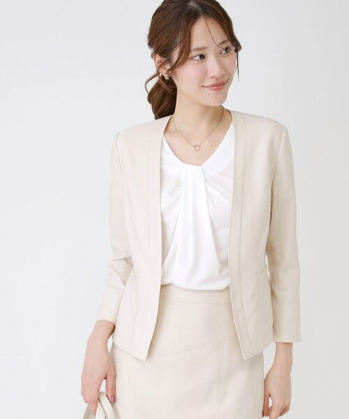 COUP DE CHANCE / クードシャンス ノーカラージャケット | 【手洗い可／日本製／接触冷感／スーツ可／ワンピース羽織】麻調合繊ノーカラージャケット（グレージュ(050)）