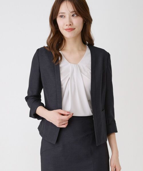 COUP DE CHANCE / クードシャンス ノーカラージャケット | 【手洗い可／日本製／接触冷感／スーツ可／ワンピース羽織】麻調合繊ノーカラージャケット（ネイビー(094)）