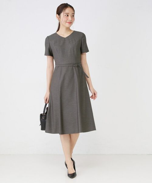 COUP DE CHANCE / クードシャンス ミニ丈・ひざ丈ワンピース | 【手洗い可／日本製／セットアップ可】麻調合繊フレアワンピース（チャコールグレー(014)）