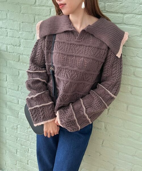 Couture Brooch / クチュールブローチ ニット・セーター | 透かし編みビッグカラーニット | 詳細10