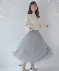 【ラクチン、華やぎスカート】フロッキーチェックチュールスカート