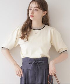 【二の腕カバー・上品×シンプルなニット】配色スカラ5分袖ニット