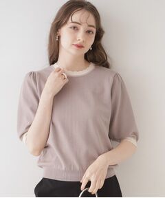 【二の腕カバー・上品×シンプルなニット】配色スカラ5分袖ニット