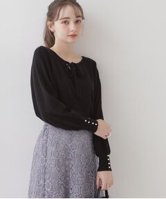 【美シルエットニット】リボン2WAYフェイクパール袖ドルマンニット