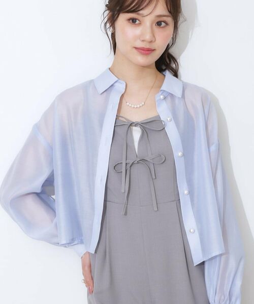 Couture Brooch/クチュールブローチ パール調ボタンシアーシャツ サックスブルー(090) 42(LL) Couture Brooch/クチュールブローチ パール調ボタンシアーシャツ サックスブルー(090) 42(LL)