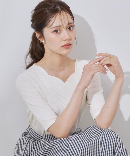 Couture Brooch / クチュールブローチ カットソー | 【マシンウォッシャブル・アンチピリング・二の腕カバー】ハートネックテレコ5分袖プルオーバー(オフホワイト(003))