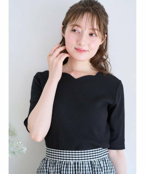 Couture Brooch / クチュールブローチ カットソー | 【マシンウォッシャブル・アンチピリング・二の腕カバー】ハートネックテレコ5分袖プルオーバー(ブラック(019))