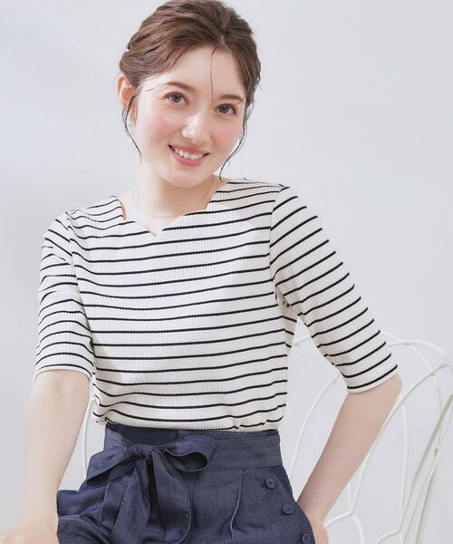 Couture Brooch / クチュールブローチ カットソー | 【マシンウォッシャブル・アンチピリング・二の腕カバー】ハートネックテレコ5分袖プルオーバー(オフホワイト(303))