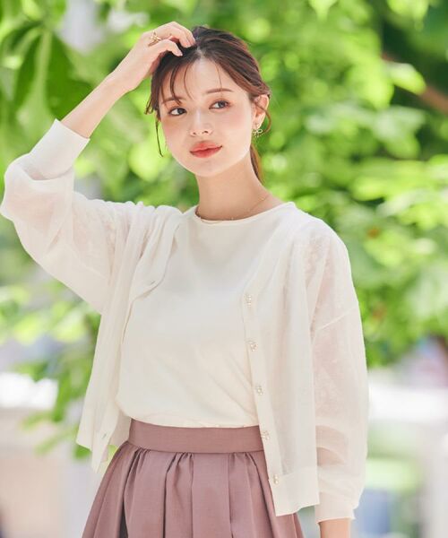 Couture Brooch / クチュールブローチ カーディガン・ボレロ | 【上品な透け感・通勤】ダブルパール調釦シアーカーディガン | 詳細8