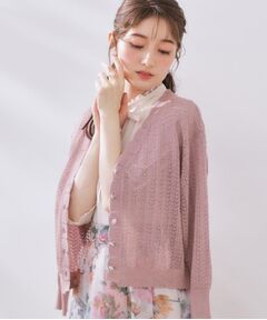 Couture Brooch / クチュールブローチ カーディガン・ボレロ | 【冷房対策・通勤】透かし編みシャイニーニットカーディガン