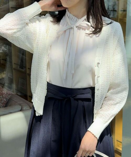 Couture Brooch / クチュールブローチ カーディガン・ボレロ | 【冷房対策・通勤】透かし編みシャイニーニットカーディガン | 詳細10