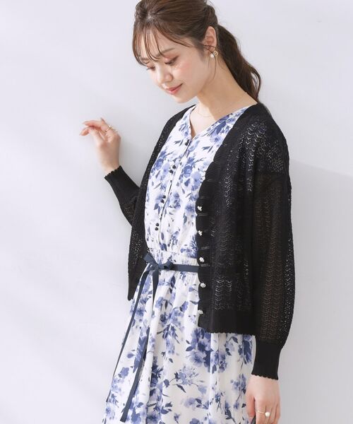 Couture Brooch / クチュールブローチ カーディガン・ボレロ | 【冷房対策・通勤】透かし編みシャイニーニットカーディガン | 詳細12