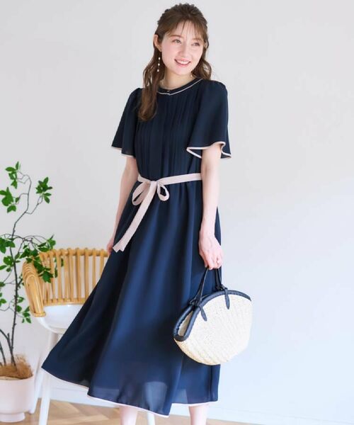 Couture Brooch / クチュールブローチ ロング・マキシ丈ワンピース | 【配色・きれいめ・通勤】タックプリーツ配色ワンピース(ネイビー(594))