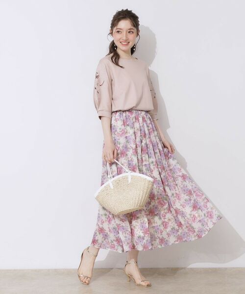 Couture Brooch / クチュールブローチ ロング・マキシ丈スカート | 【華やか・ウエストゴム】かすれプリント楊柳スカート | 詳細1