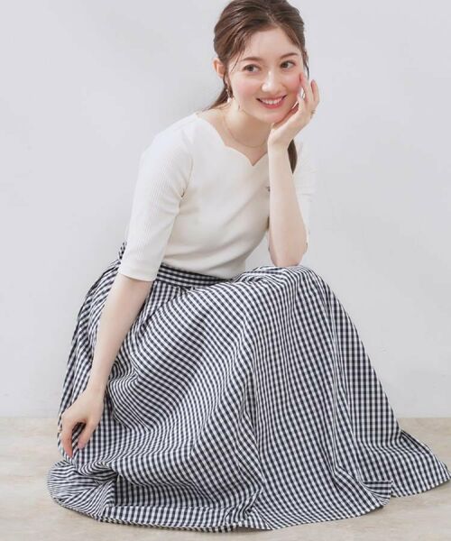 Couture Brooch / クチュールブローチ スカート | 【大人可愛い・ゴム仕様】ギンガムチェック タック&ギャザースカート(ネイビー(294))