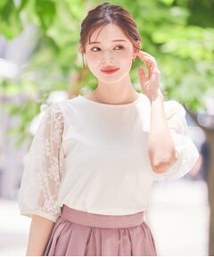 Couture Brooch / クチュールブローチ カットソー | 【接触冷感・UV・マシンウォッシャブル】袖レースデザイントップス