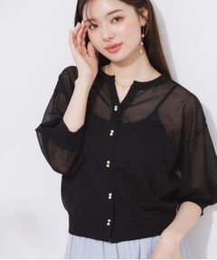 Couture Brooch / クチュールブローチ カーディガン・ボレロ | 【前後2WAY・二の腕カバー】ダブルパール調釦5分袖シアーカーディガントップス