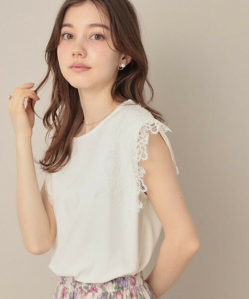 Couture Brooch / クチュールブローチ カットソー | 【マシンウォッシャブル・UVケア・接触冷感】フレンチ肩レースカットソー | 詳細4
