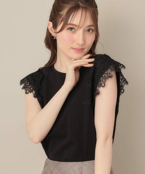 Couture Brooch / クチュールブローチ カットソー | 【マシンウォッシャブル・UVケア・接触冷感】フレンチ肩レースカットソー(ブラック(019))