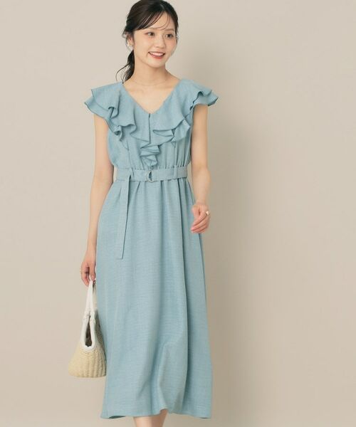 Couture Brooch / クチュールブローチ ロング・マキシ丈ワンピース | デニムライク麻調フリルワンピース(サックスブルー(090))