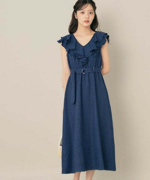 Couture Brooch / クチュールブローチ ロング・マキシ丈ワンピース | デニムライク麻調フリルワンピース(ネイビー(094))