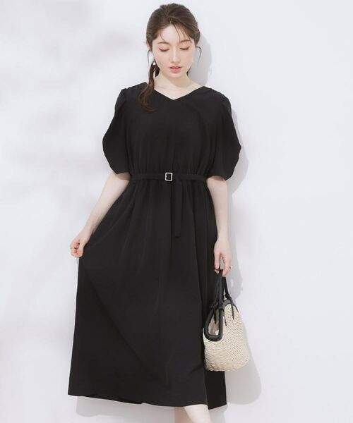 Couture Brooch/クチュールブローチ 【マシンウォッシャブル・二の腕カバー】ウエストベルトVネックワンピース ブラック(019) 42(LL)