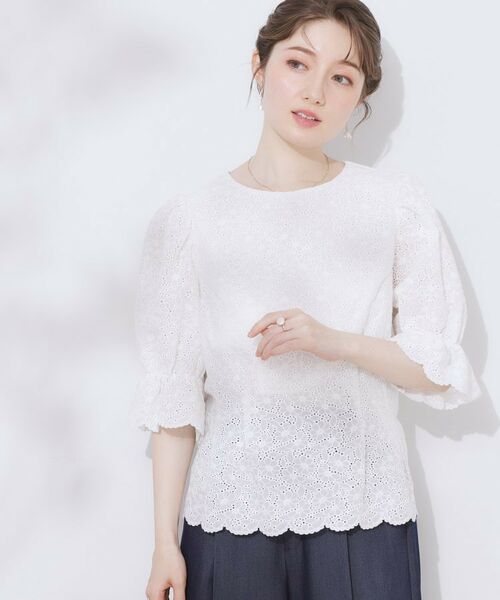 Couture Brooch / クチュールブローチ シャツ・ブラウス | 【一枚で着映える・花柄刺繍・5分袖】バックレースアップ カットワークレースブラウス | 詳細4