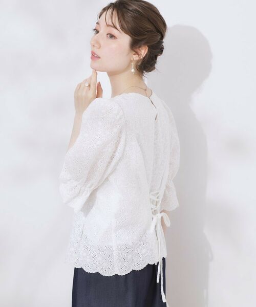Couture Brooch / クチュールブローチ シャツ・ブラウス | 【一枚で着映える・花柄刺繍・5分袖】バックレースアップ カットワークレースブラウス | 詳細5
