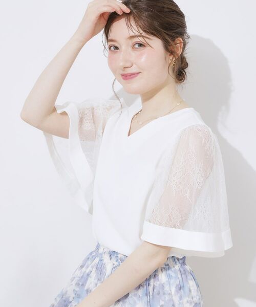 Couture Brooch / クチュールブローチ シャツ・ブラウス | 【マシンウォッシャブル・シアー・細見え】Vネック袖レースフレアブラウス | 詳細5