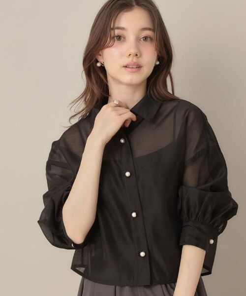 Couture Brooch / クチュールブローチ シャツ・ブラウス | 【洗える・秋まで使える】パール調ボタンシアーシャツ(ブラック(019))